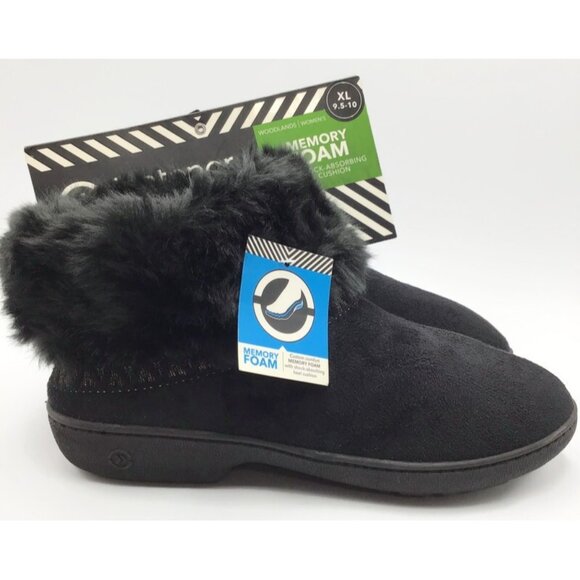 Isotoner Woodlands Slippers Womens 9.5-10 XL Black Fur Lined Memory Foam Booties - Picture 2 of 10